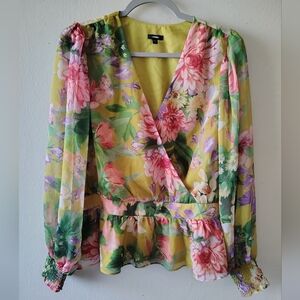 Express Spring Floral Flowy Balloon Sleeve Faux Wrap Peplum Top Blouse XL